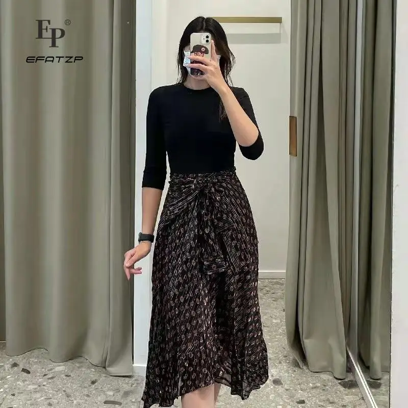 

EFATZP Women's Party Dress Patchwork Printed Round Neck French Brand Elegant Office Ladies Dress Women