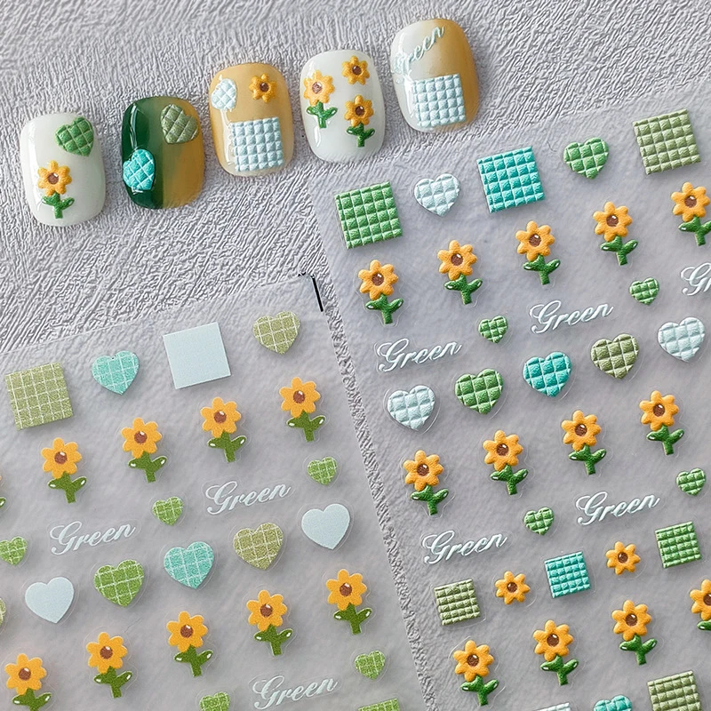 

Летние сердца милые цветы зеленая клетчатая часть рельефные рельефы 5D из мягкого тиснения самоклеящиеся наклейки для дизайна ногтей прекрасные 3D-Наклейки для маникюра