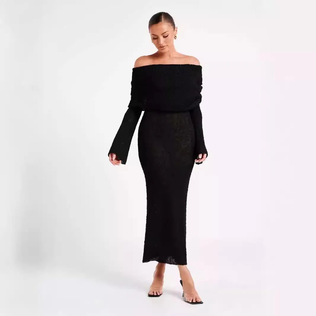 Элегантное вязаное длинное платье с открытыми плечами сексуальный прозрачный