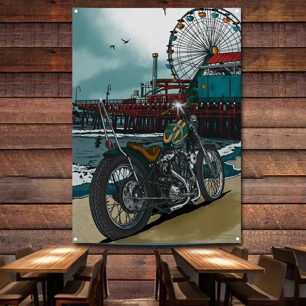 

Постер для искусства у моря и мотоцикла, Настенная картина, флаг гаража, авторемонтный магазин, заправочная станция, Настенный декор, баннер...