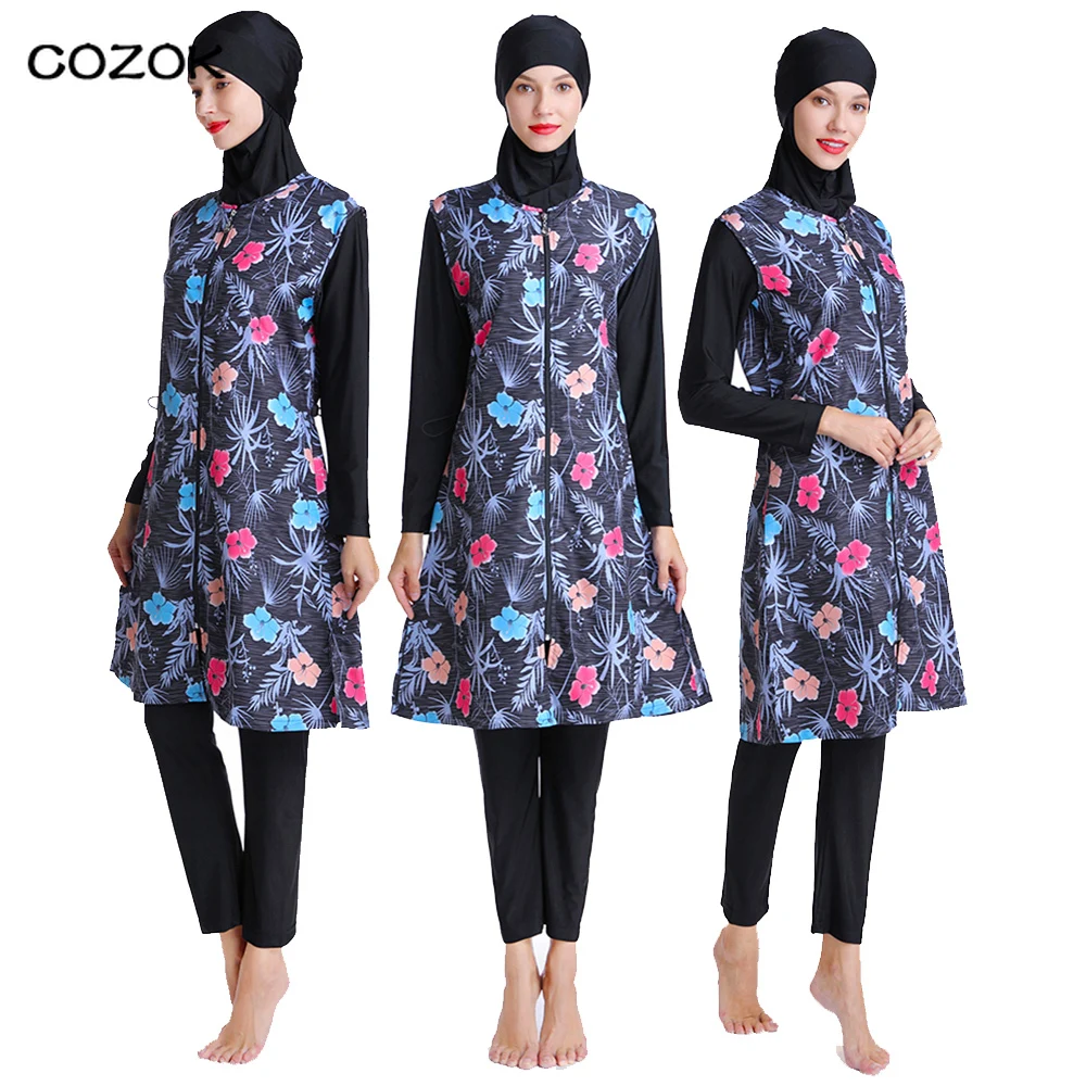 

2021 Printed Floral Full Cover Muslim Swimwear Women Islamic Conservative Swimsuit Hijab Beachwear Bathing zipper