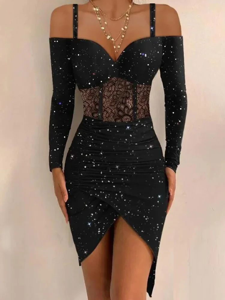 

Women Dress Tight Sexy Hip One Shoulder Suspenders Irregular Shiny Dress Female