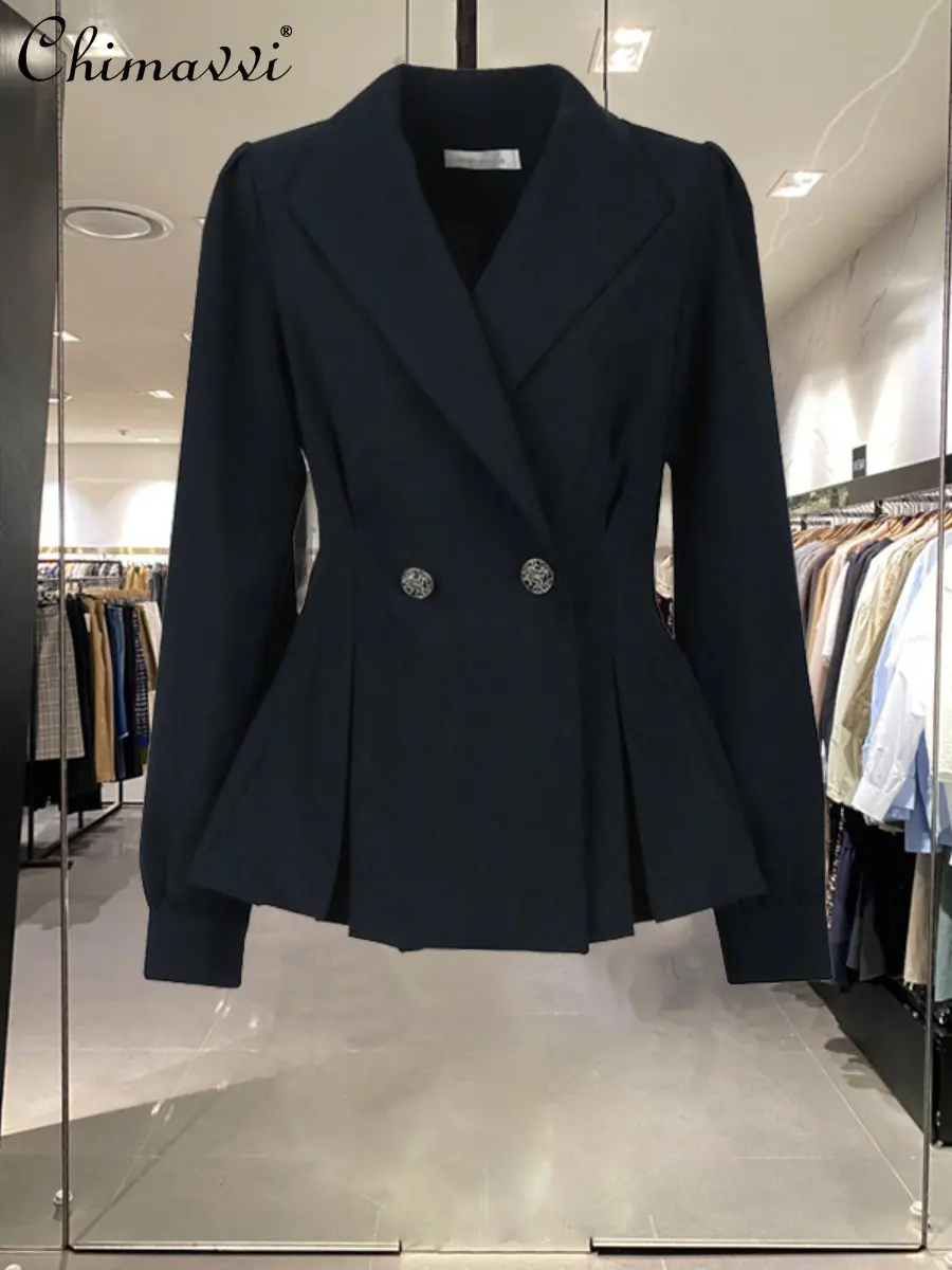 Fashion Office Lady Long Sleeve Slimming Pleated Suit Jacket Women's 2022 Autumn Elegant Trendy Simple Leisure Solid Blazers