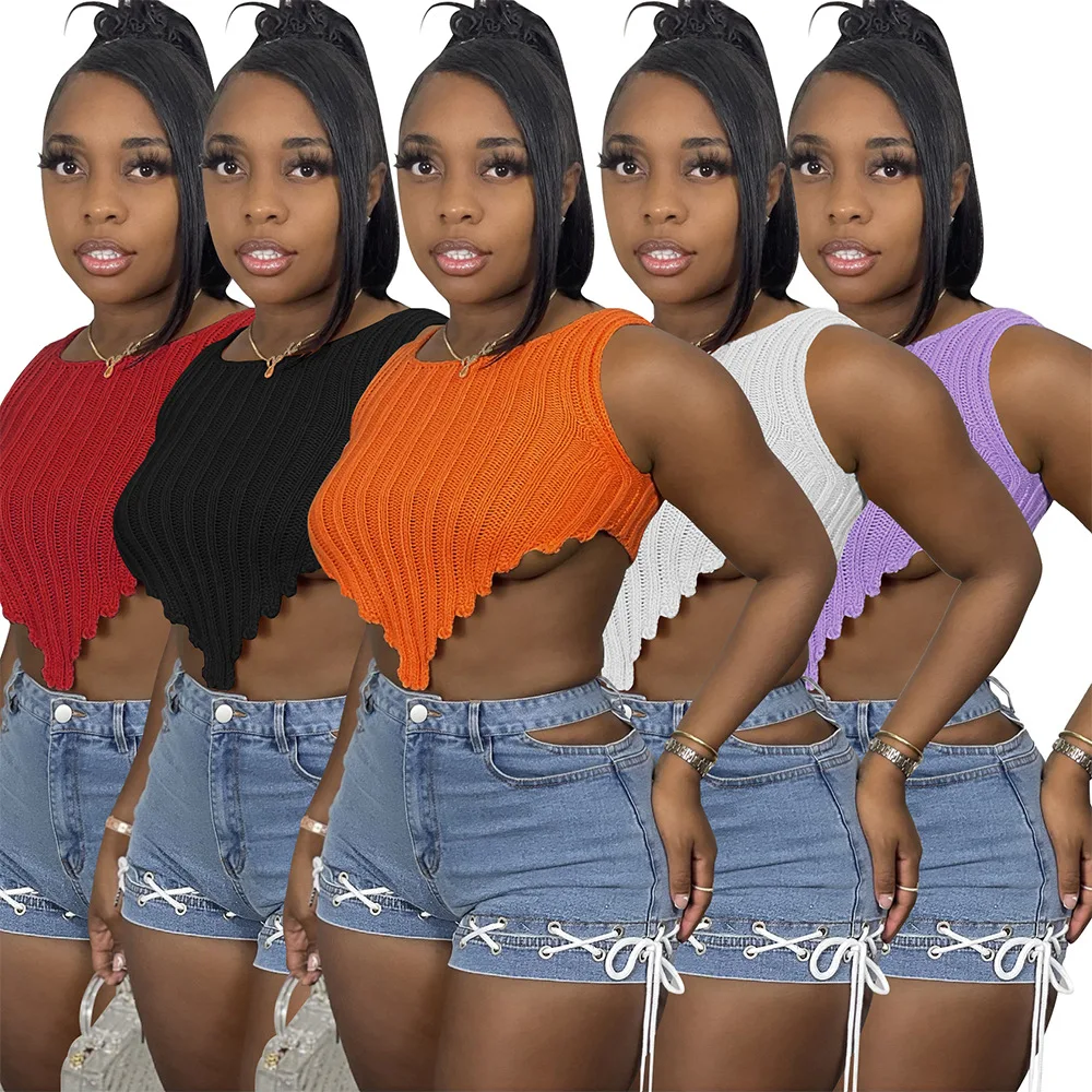 

Оптовая продажа, весна 2023, женская одежда, вязаный кроп-топ, женские майки неправильной формы