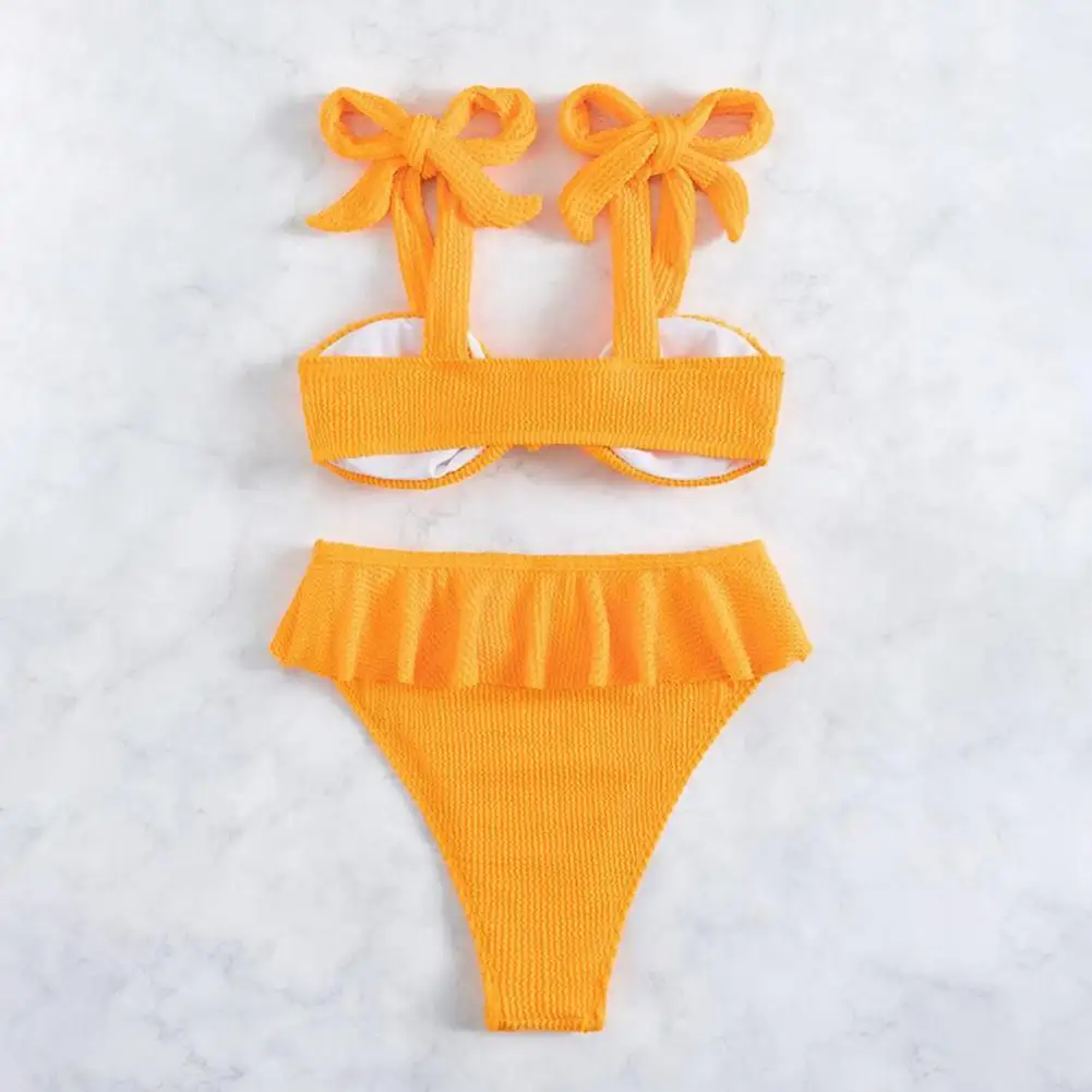

Yellow Ribbed Ruffle Padded Vibrant Color Women Bathing Suit Swimming Clothes