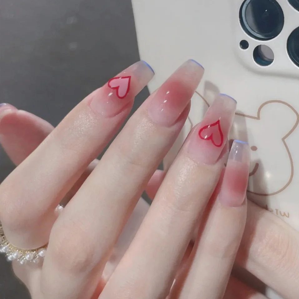

24pcs Light Pink Heart Coffin Cute Kawaii Press On Nail Tips Seamless Removable Fake Nails Art Full Coverage False Nails Set