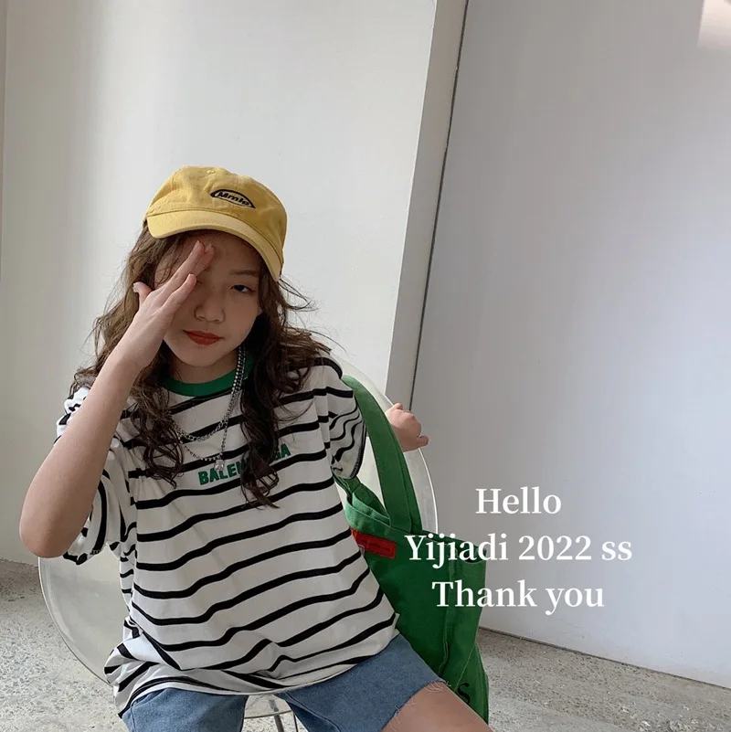 

2022 summer clothes new children's T-shirt girls striped T Korean version of the trendy children in the big children