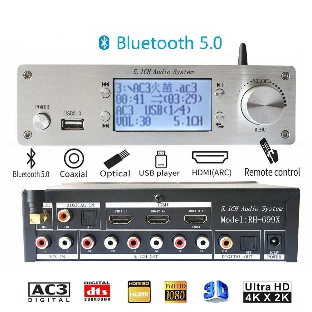 DTS AC3 5.1 محلل شفرة سمعي محول HDMI متوافق النازع SPDIF محوري PC-USB البصرية Soundcard بلوتوث BT 5.0 USB لاعب