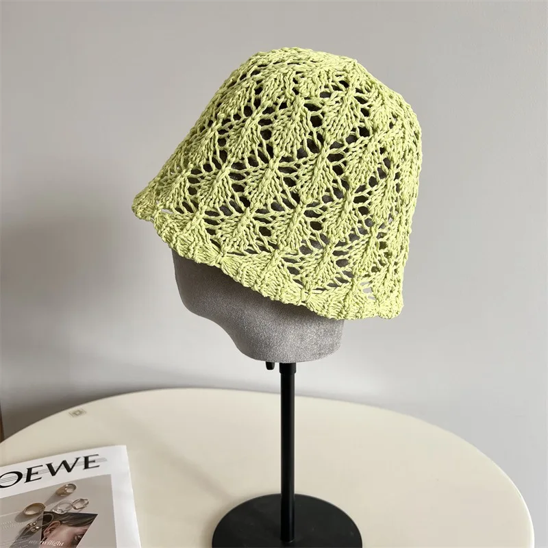 

New Korean Fashion Paper Straw Jacquard Hollow Bucket Hat Women Summer Elegant Rural Style Clothing With Geometric Fisherman Hat