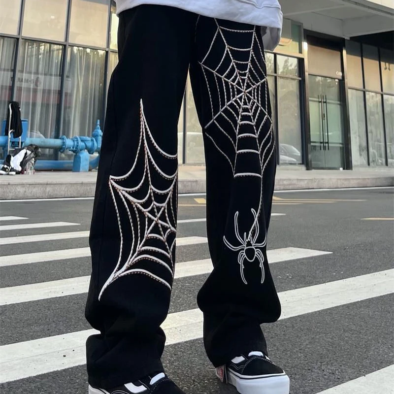 American Retro Spider Web Print Jeans Men's Y2K Street Hip Hop Trend Straight Wide Leg Pants Jeans Couples Loose Versatile J