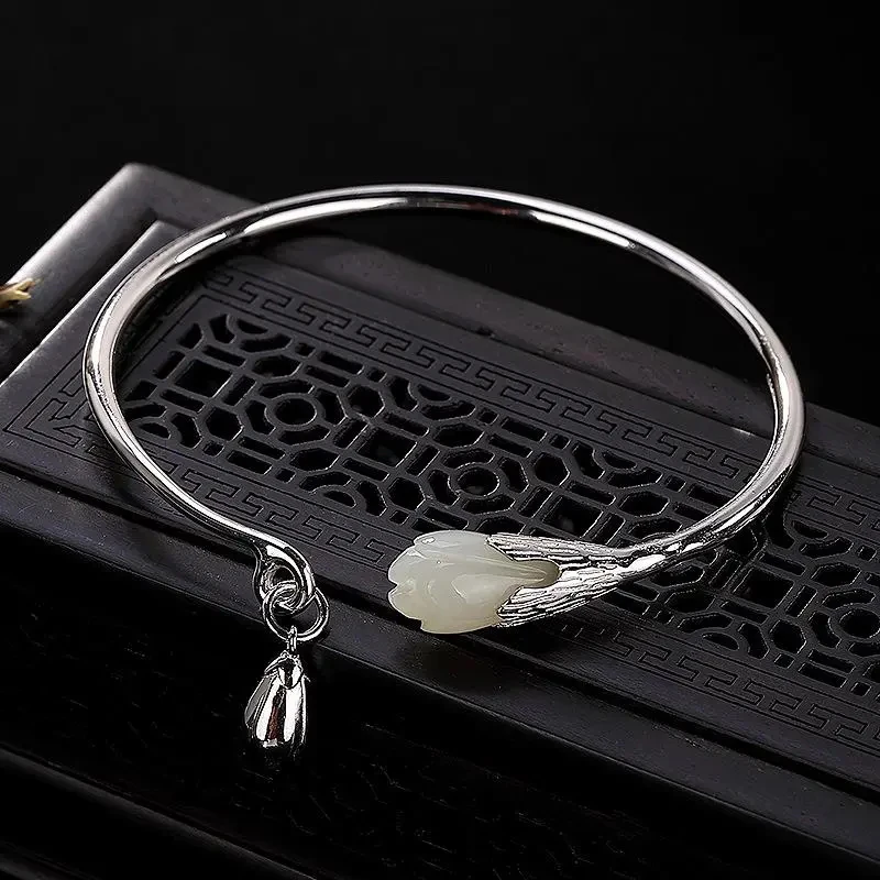 

Silver Classic Inlaid Natural Hetian Chalcedony Orchid Bracelet Chinese Style Retro Charm Ladies Opening Jewelry
