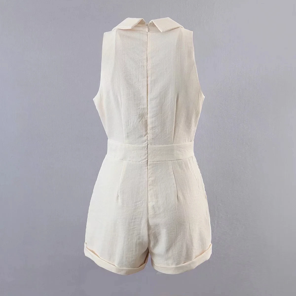 Elmsk High Street Notched Sashes Beige Color Retro Playsuits Women Indie Folk Summer Tank Tops Beach Playsuits