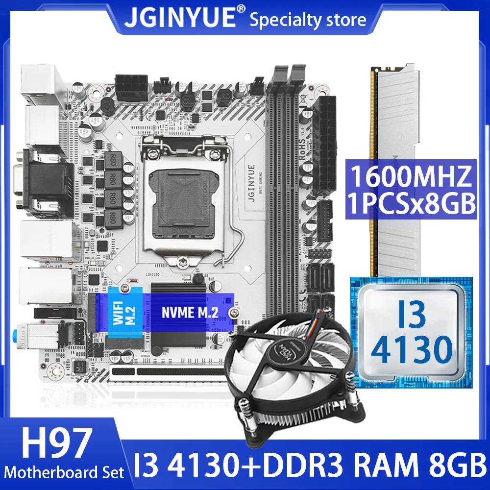 JGINYUE H97 Motherboard Kit LGA 1150 Set With Intel I3 4130 CPU Processor DDR3 8GB 1600MHz Desktop Memory M.2 NVME H97I GAMING