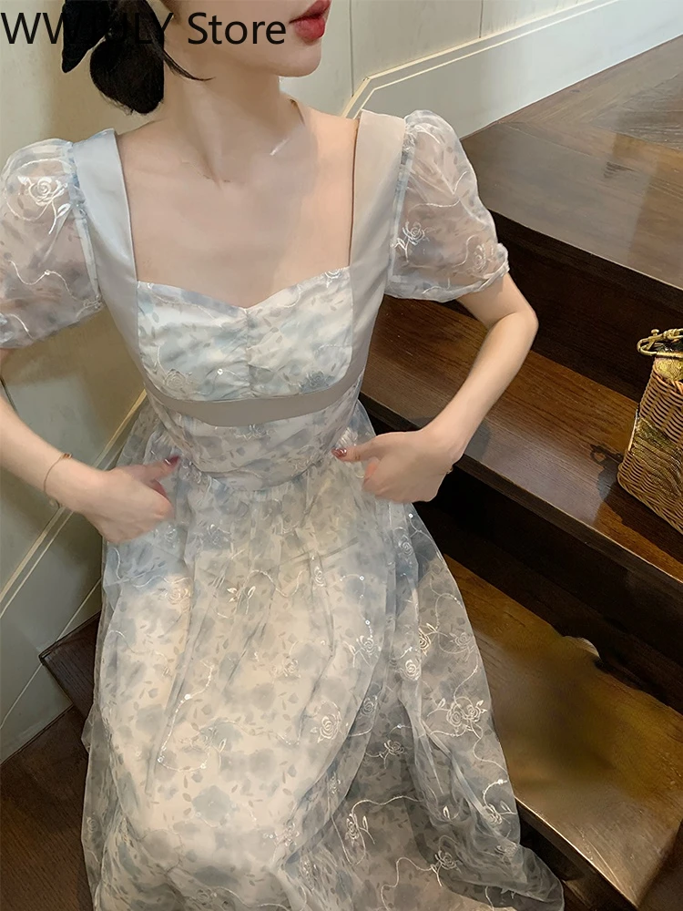 

Fairy French Elegant Midi Dress Short Sleeve Sweet Floral Dress Woman Party 2022 Summer Beach Casual One Piece Dress Korean Slim