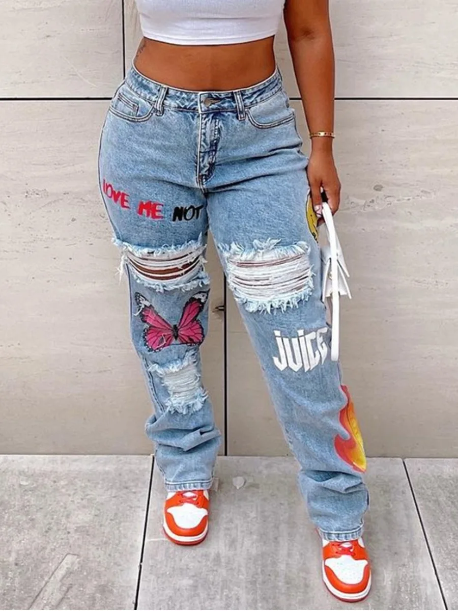 

LW Butterfly Letter Print Ripped Jeans (No Stretch)