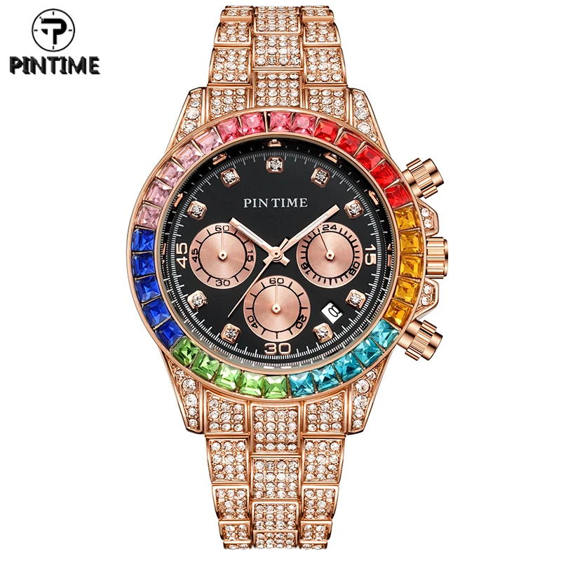 

PINTIME Quartz Watch Men Luxury Diamond Hip Hop Colorful Bezel Iced Out Rose Gold Wristwatch Clock Male zegarek meski montre