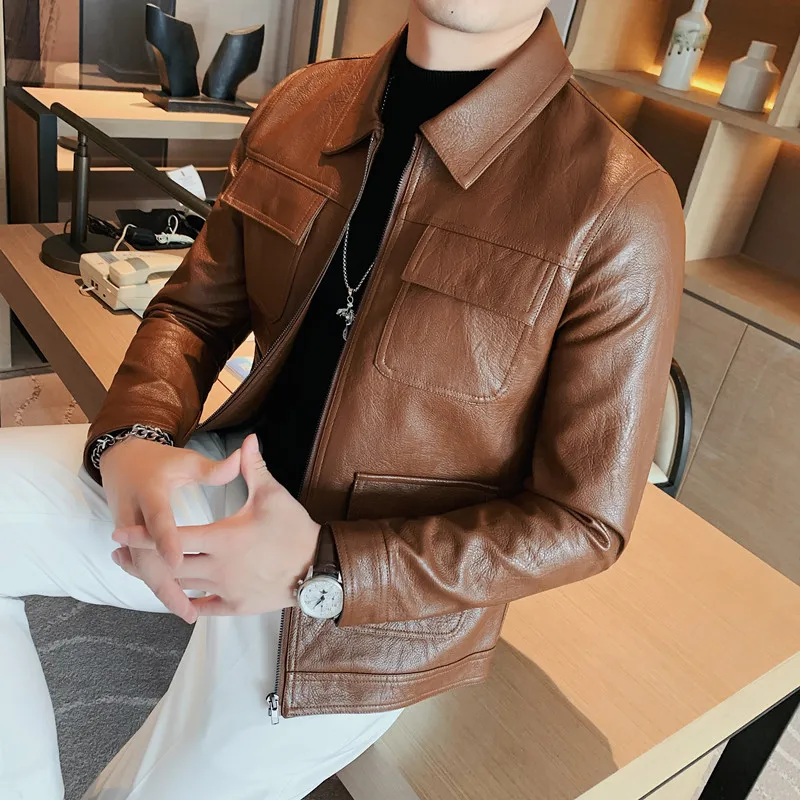 

2023 Autumn Leather Jackets Men Single-breasted Lapels Slim PU Leather Coat Casual Motorcycle Bike Jacket Streetwear Size S-3XL