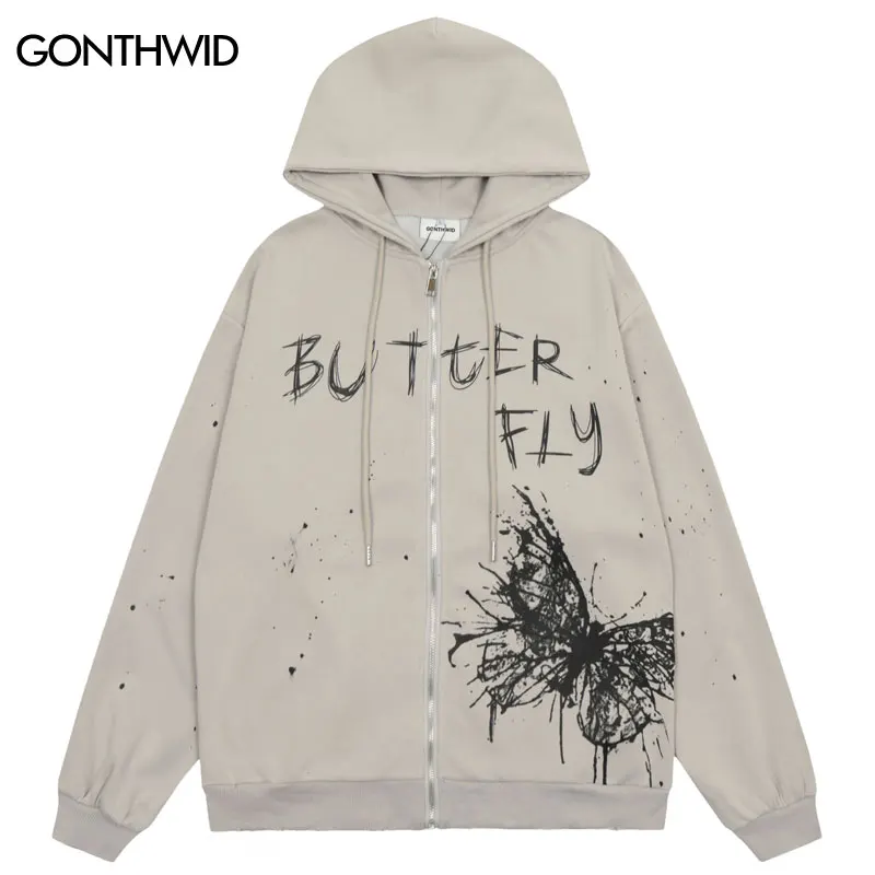 

Мужская толстовка на молнии Y2K, винтажная Толстовка в стиле хип-хоп с рисунком бабочки и граффити, свитшот с капюшоном и графическим принтом, модель 2023