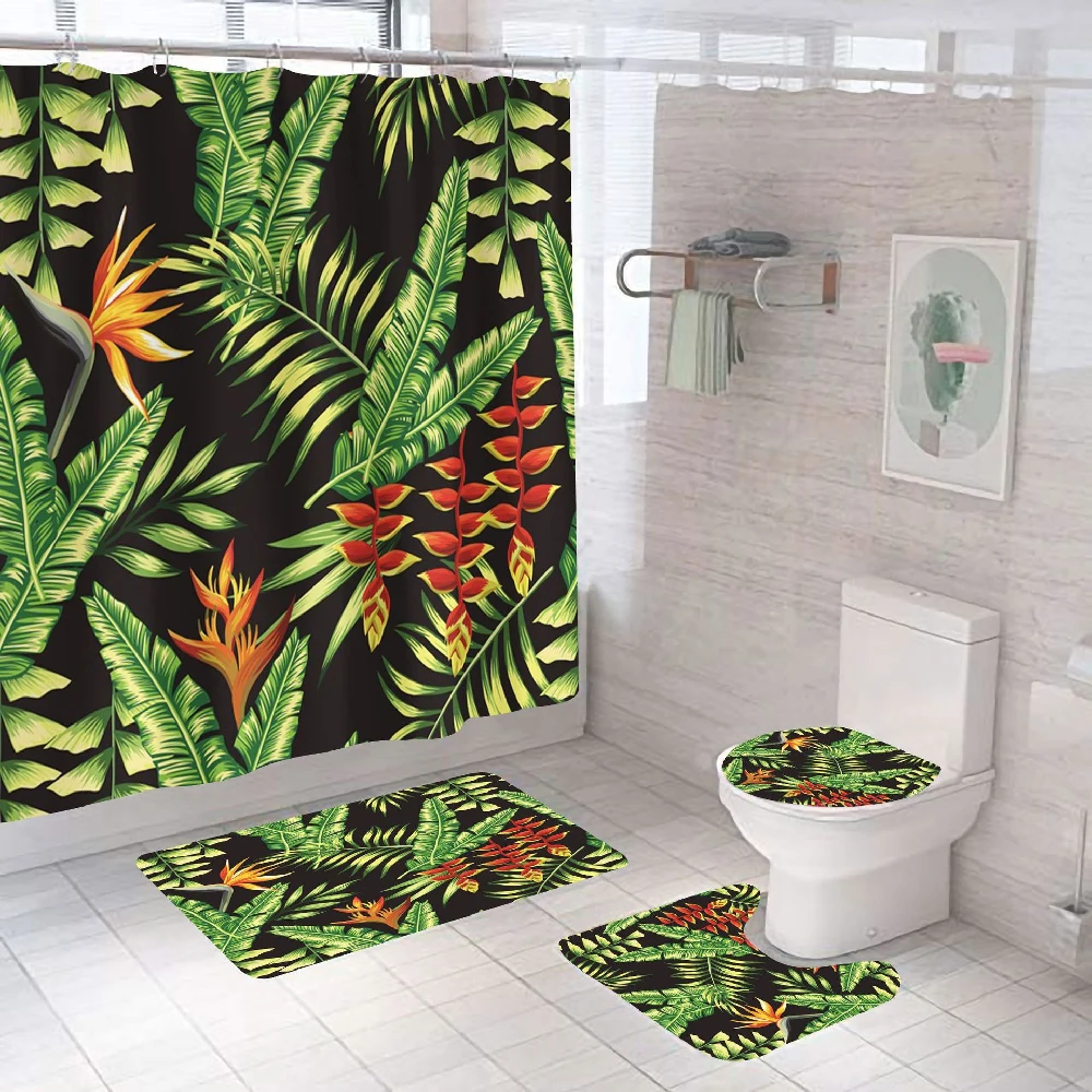 

Starblue-Hgs, Love Plant Banana Leaf Shower Curtain Bathroom Tub Carpet Waterproof 180cm Shower Curtain Toilet Mat Set