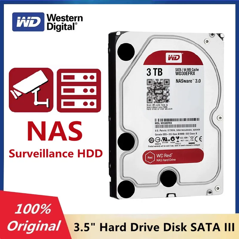 Внутренний жесткий диск Western Digital WD Red NAS, 3 ТБ, 3,5 дюйма, 5400 об/мин, SATA III, 6 ГБ/сек. 64 Мб кэш-памяти, жесткий диск для настольного ПК, оригинал
