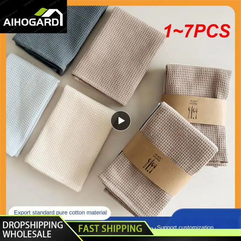 

1~7PCS Scrubbing Cloth Household Pure Cotton Absorbent Square Towel Waffles Thickened Plain Color Dishwashing Towel Kitchen Rag