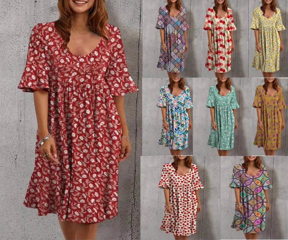 

Ladies Dress Half Sleeve Loose Female Women Ruffle Cuff Short Sleeve Dress for Shopping Summer clothes for Women 2022