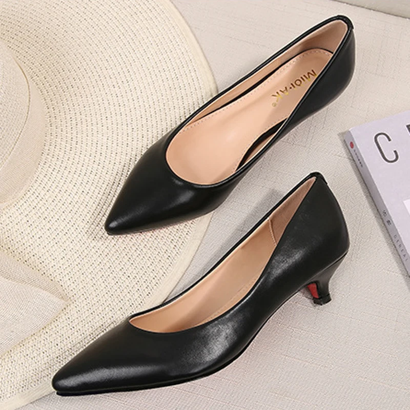 OL Style Leather Pumps Women Solid Shoes Low Thin Heels Single Shoes 3.5cm High Heels Ladies Office Work Dress Wedges Pumps