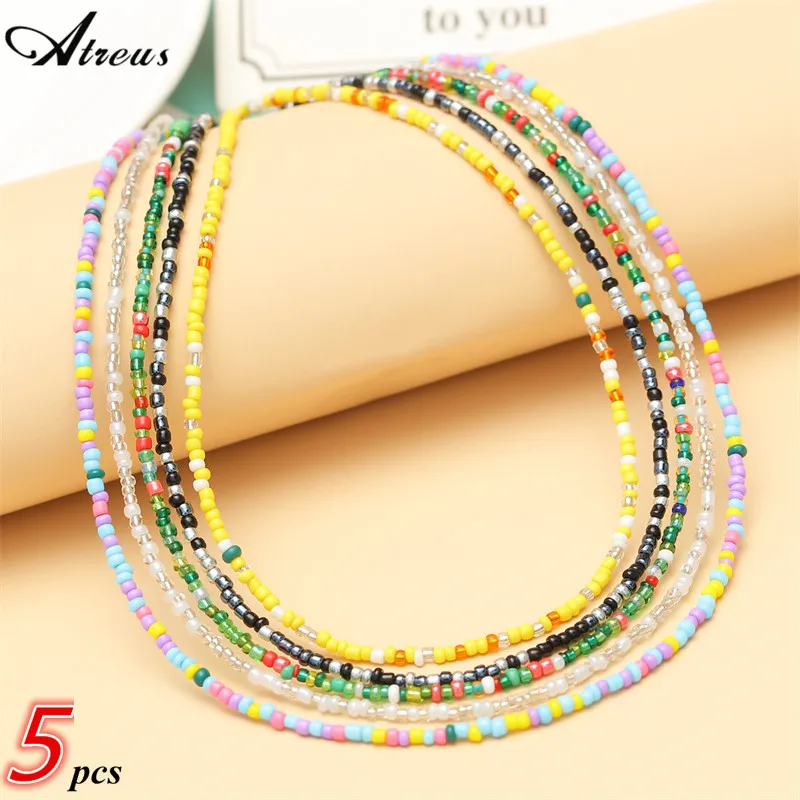 

5pcs/set Pink Green Yellow Black Mix Color Beads Necklace For Women Multicolor Seed Beads Choker Necklace