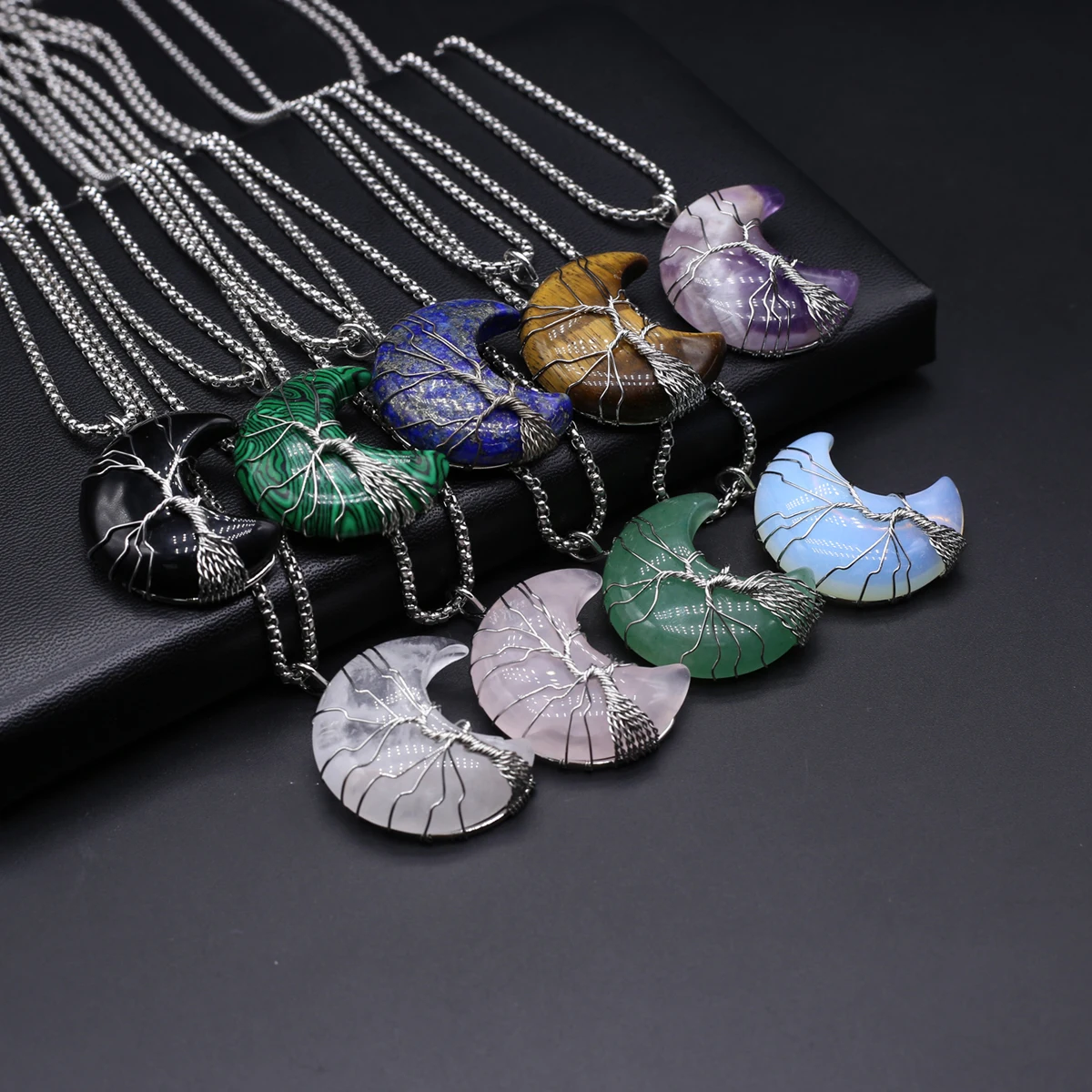 

Natural Stone Necklace Pendant twine Moon Shape Gemstone Exquisite Charm Women Necklace accessory Girls Wedding Party Jewelry