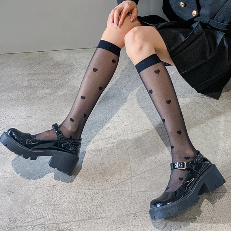 

Sexy JK Lolita Stocking Women Uniform Thin Long Socks Silk Stockings Love heart see through black Knee Sock Summer Underwear