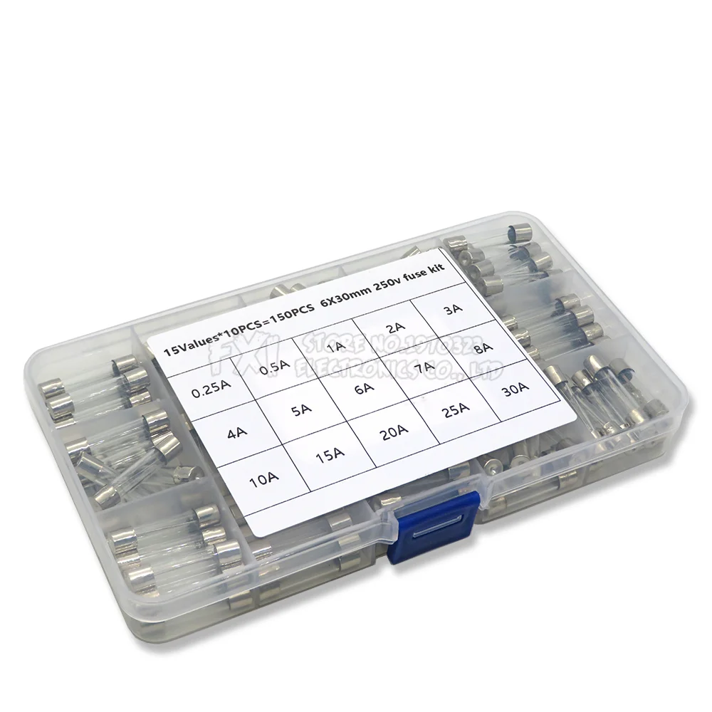 

15Kinds 150pcs 6*30 Fast-blow Glass Tube Fuses Car Glass Tube Fuses Assorted Kit 6X30 with Box fusiveis 0.1A-30A Household Fuses