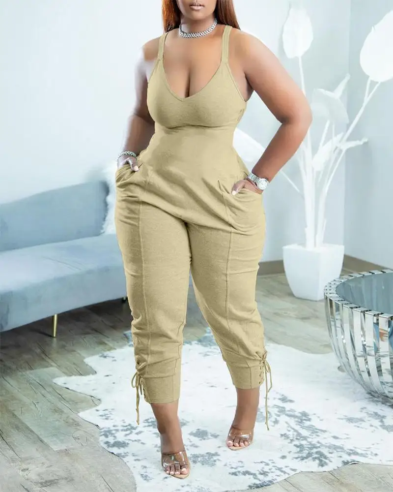 

Women High Waist Pants Overalls Solid Color U-Neck Sleeveless Pocket Design Jumpsuit Fashion Casual Sexy Jumpsuits