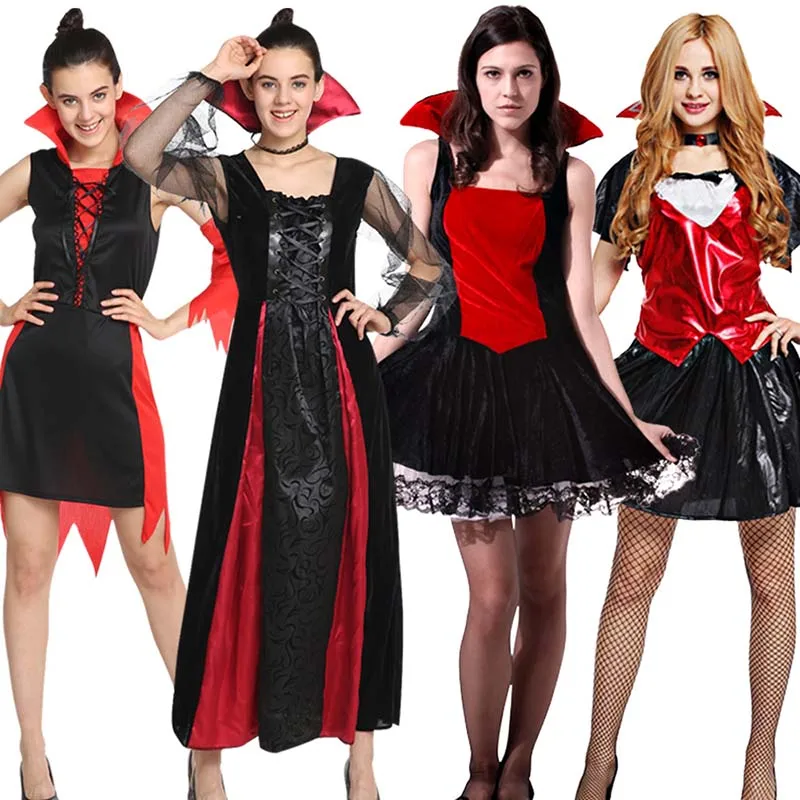 

Fashion Sexy Costumes for Women Vampire Costume Attached Headwear Robes Black Red Deluxe Demon Halloween Party