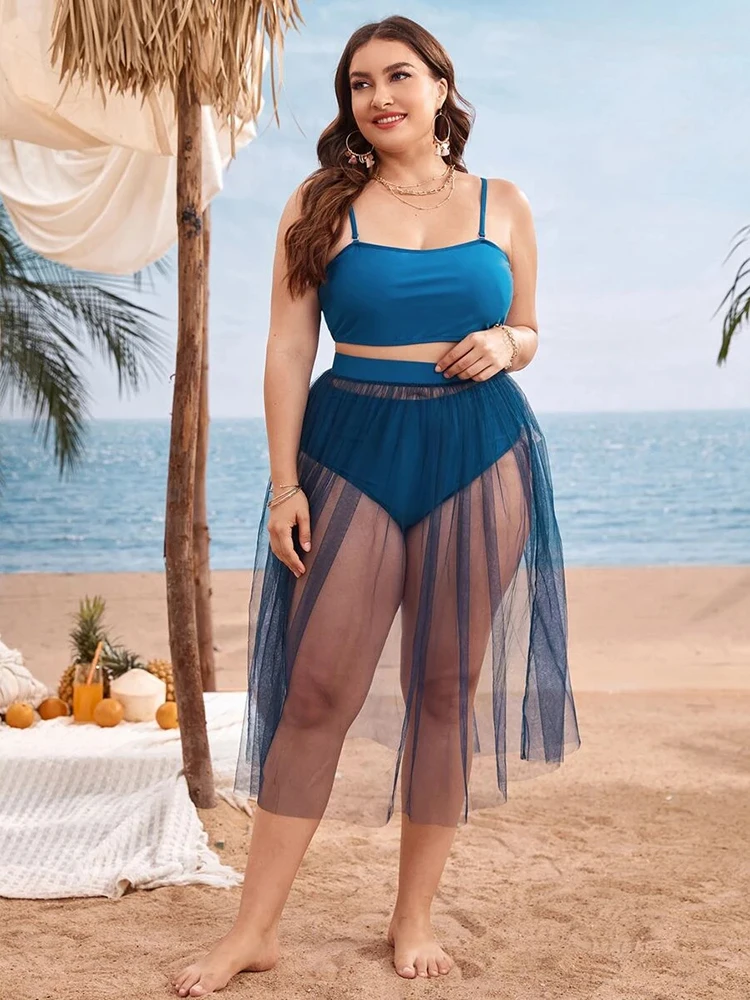 

3 Pack Plus Size Bikini Sets 4XL Push Up Swimwear Mesh Beach Sarong Skirt Women's Large Size High Waist Swimsuit Long Swimdress