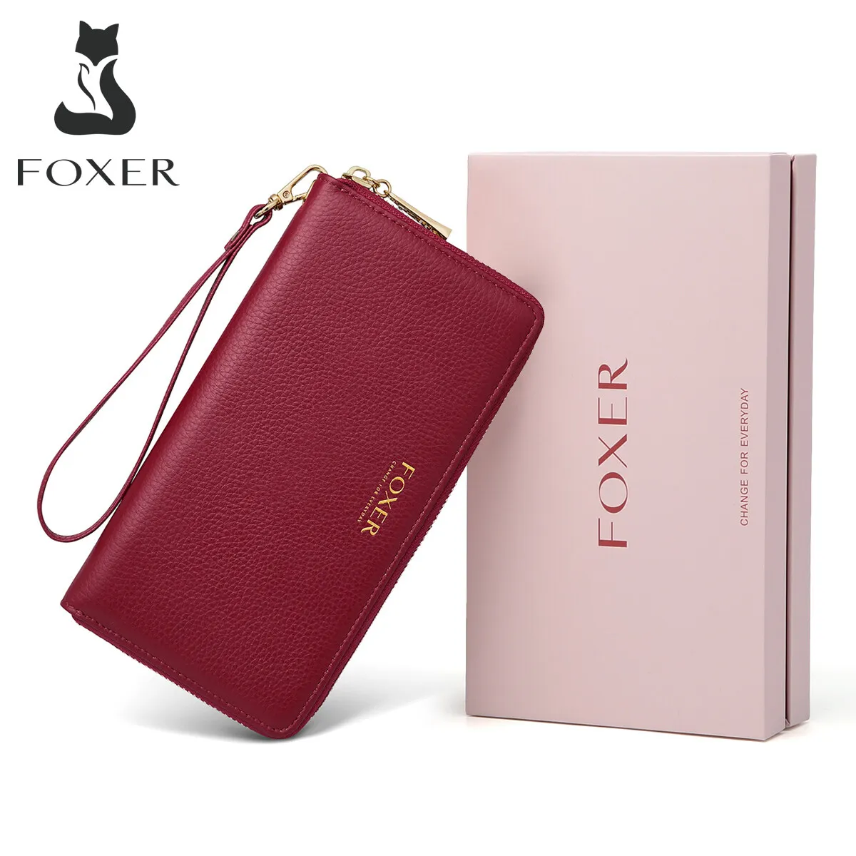 

FOXER Women Cowhide Leather Long Wallet Classic Coin Purse For Lady Cellphone Money Bag Clutch Bag With Wristlet RFID Card Holde