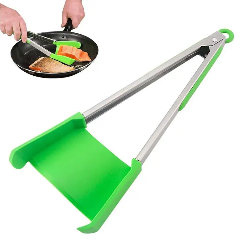 

New 2-in-1 Kitchen Spatula And Tongs Non-Stick Heat Resistant Stainless Steel Frame Silicone Tongs Kitchen Smart Gadgets