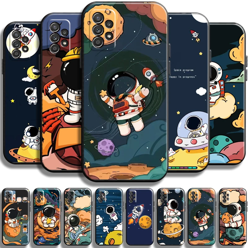 

Cute Astronaut Space Station Phone Case For Samsung Galaxy A72 5G TPU Black Cases Cover Soft Funda Full Protection Back