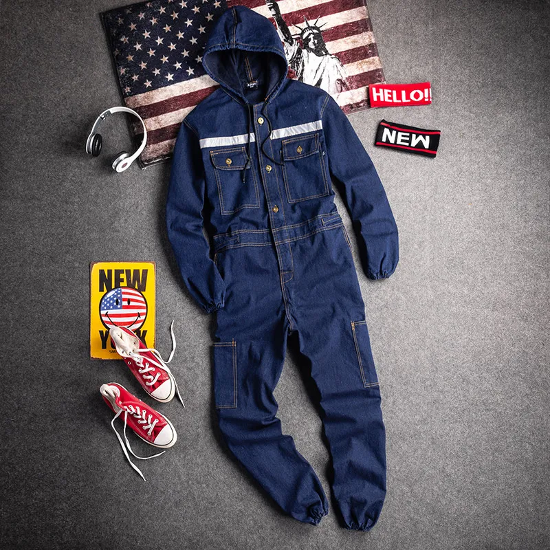 

Fashion Streetwear Denim Bib Overalls With Hood Men's Jeans Jumpsuits Workwear Suspender Pants With Multi Pockets Size S-4XL