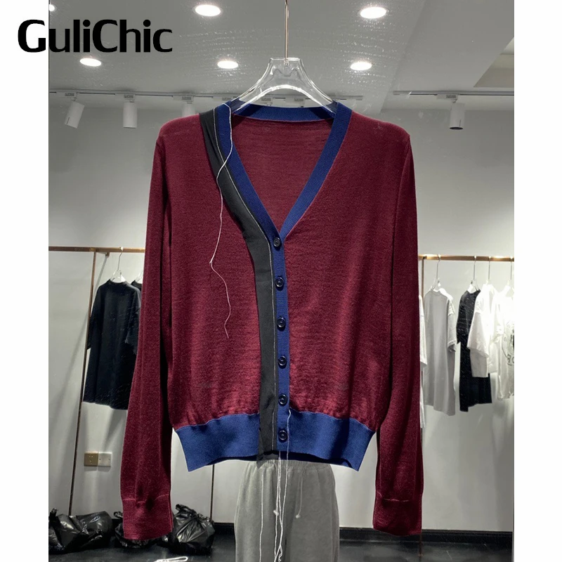 

7.5 GuliChic Women Fashion Elegant Contrast Color Patchwork V-Neck Long Sleeve Short Knitted Cardigan