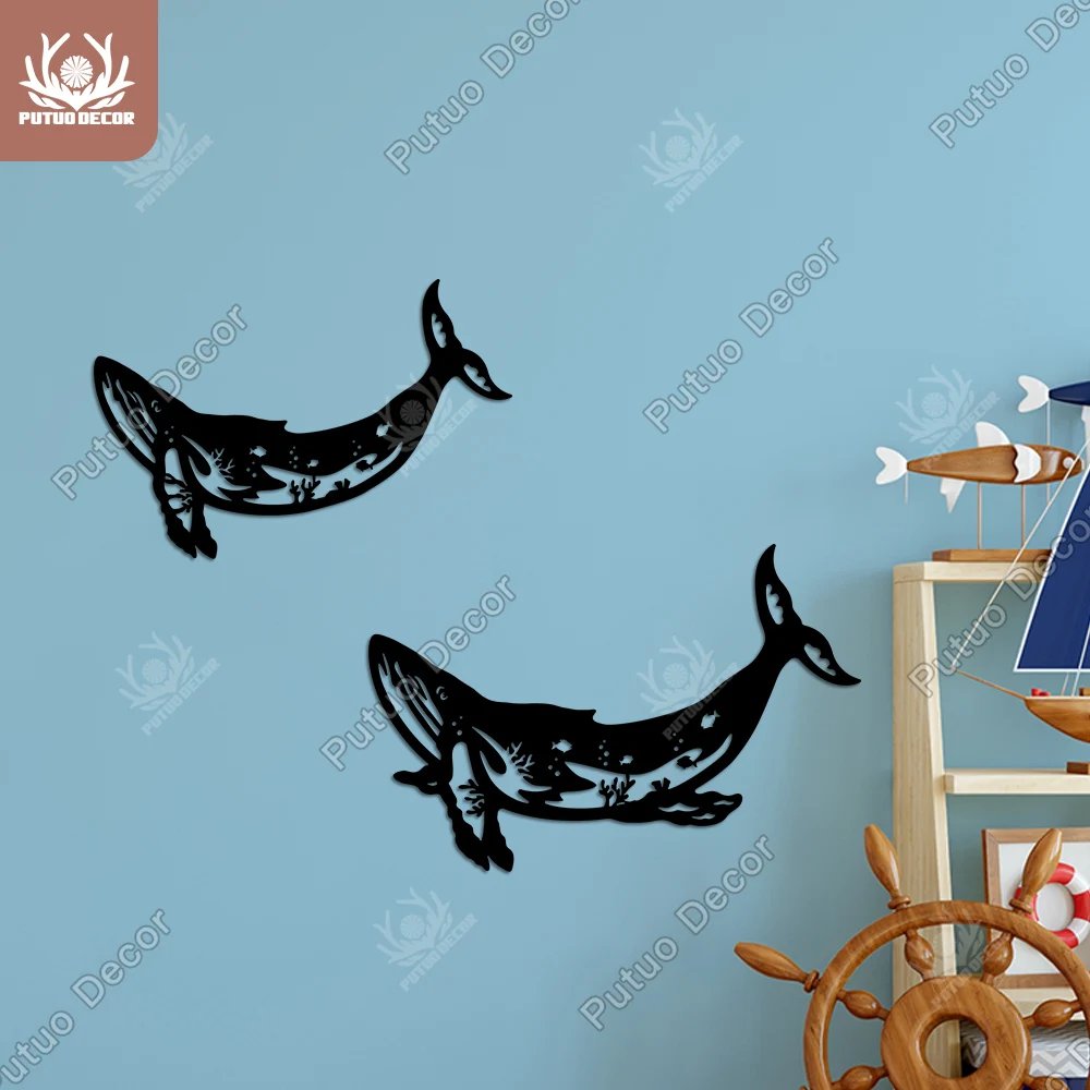 

Putuo Decor 2PC Whale and Coral Wooden Wall Art Nature Black Wood Hanging for Beach House Nautical Themed Wall Art Painting