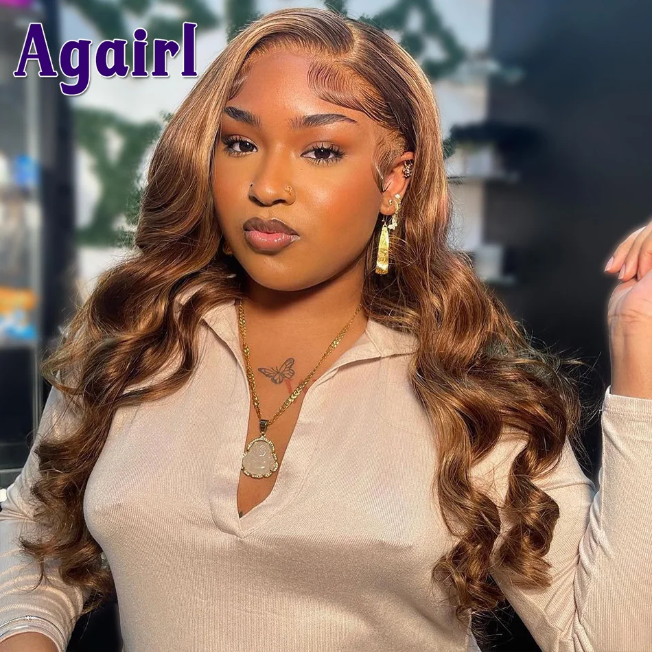 Highlight Brown Blonde 13X6 Lace Frontal Body Wave Human Hair Wigs Transparent 5X5 Lace Closure Wig 13x4 Wavy Lace Front Wig
