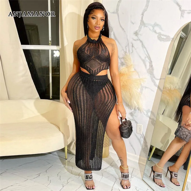 

ANJAMANOR 2 Piece Skirt Split Long Skirt and Top Beach Party Crochet Dress Sexy Summer Outfits for Women 2023 Trending D87-EE29