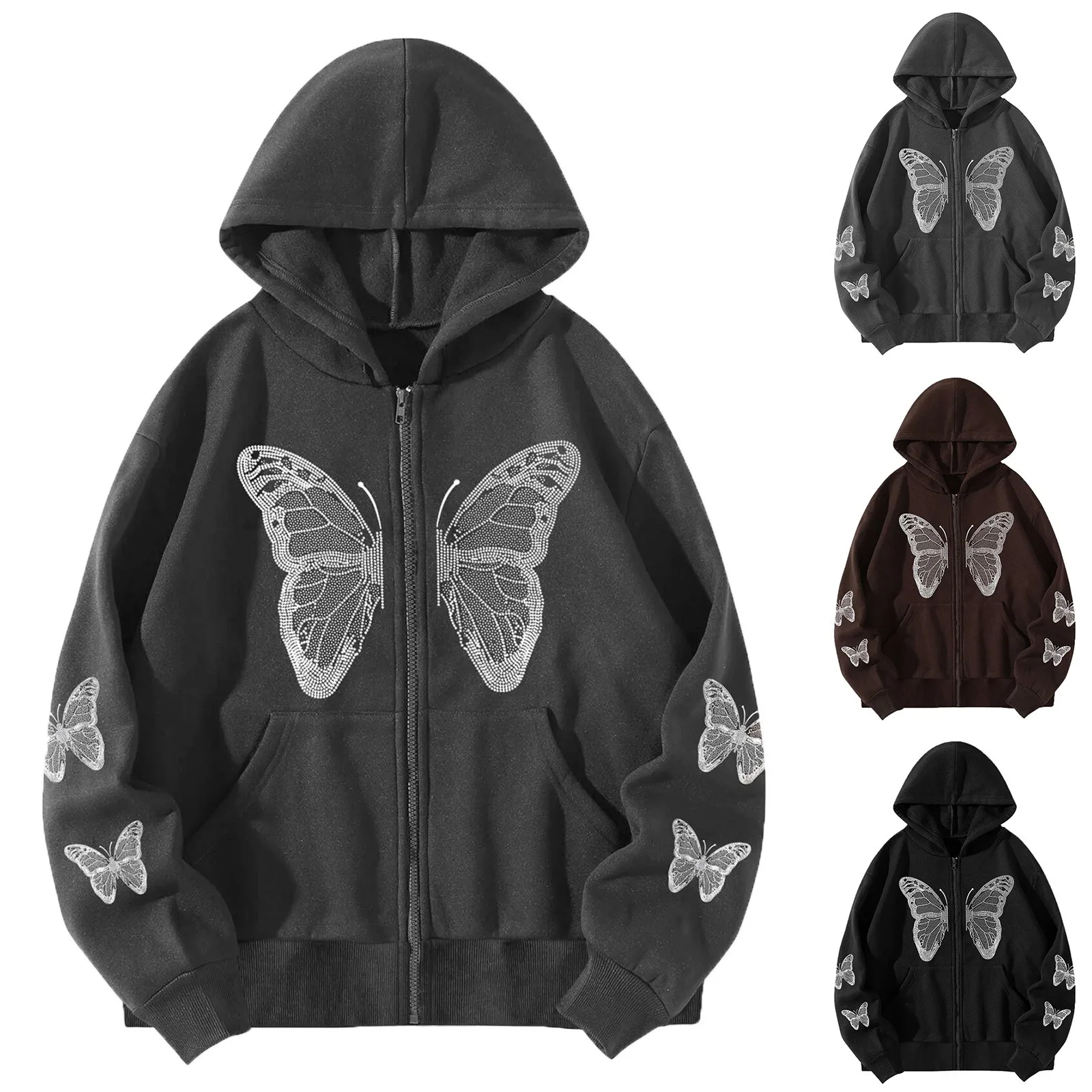 

Y2k Gothic Butterfly Print Oversize Zip Up Hoodies 2023 Winter New Grunge Long Sleeve Sweatshirt Casual Hooded Jacket Streetwear