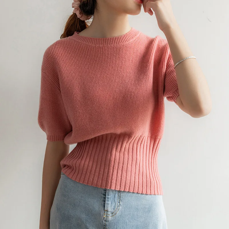 

2022 Casual Fashion Short Sleeve Summer Solid Color Top Crew Neck grey