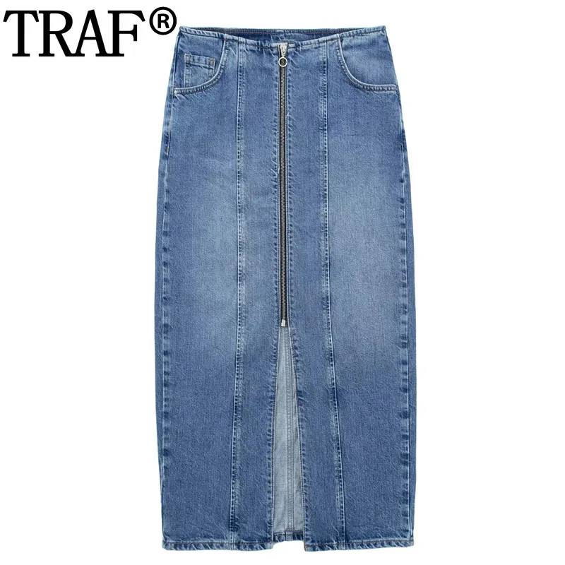 

TRAF Blue Denim Skirts For Womens High Waist Long Skirts Streetwear Zipper Midi Skirts Summer 2023 Woman Slit Faded Jean Skirt