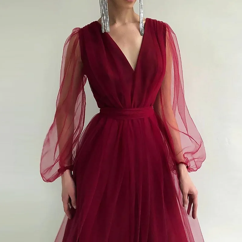 

Lantern Sleeve Dresses for Women Solid Red Elegant Lace Mesh Spring Fall 2022 High Waist Party Woman Dress Female Maxi Vestido