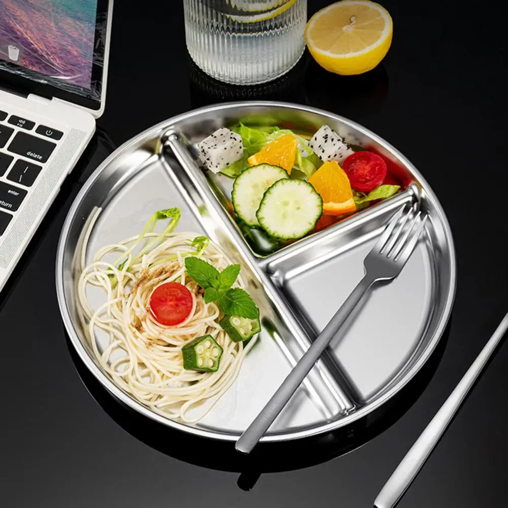 

Food Grade Thickened Edge Round Food Plate Stainless Steel 3 Grids Compartment Meal Tray Kitchen Supplies
