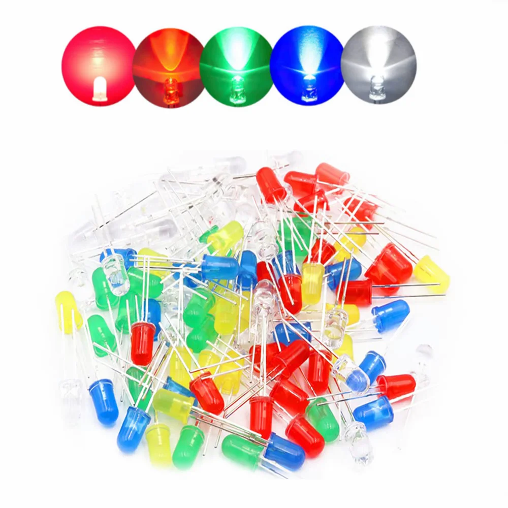 

200PCS LED Diode 5mm Super Bright Multicolor Individual Light Emitting Diodes Assortment Kit Red/Green/Blue/Yellow/White Lamps