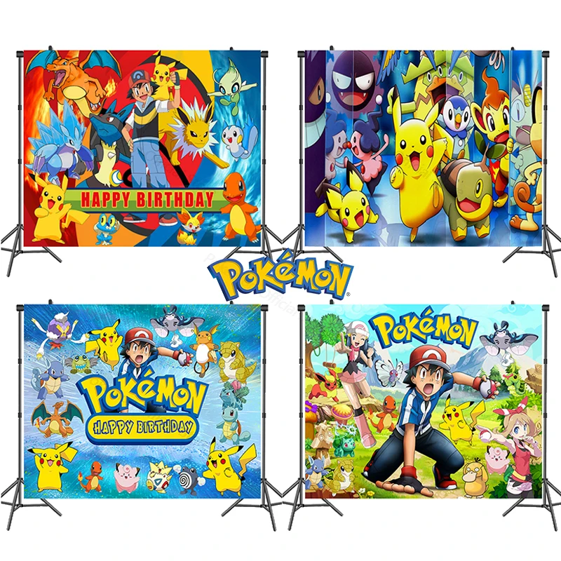 Fondo de fiesta de cumpleaños de Pokémon, telón de fondo de vinilo de Pikachu de dibujos animados de Anime, fotografía colgante de pared, suministros de decoración para fiesta