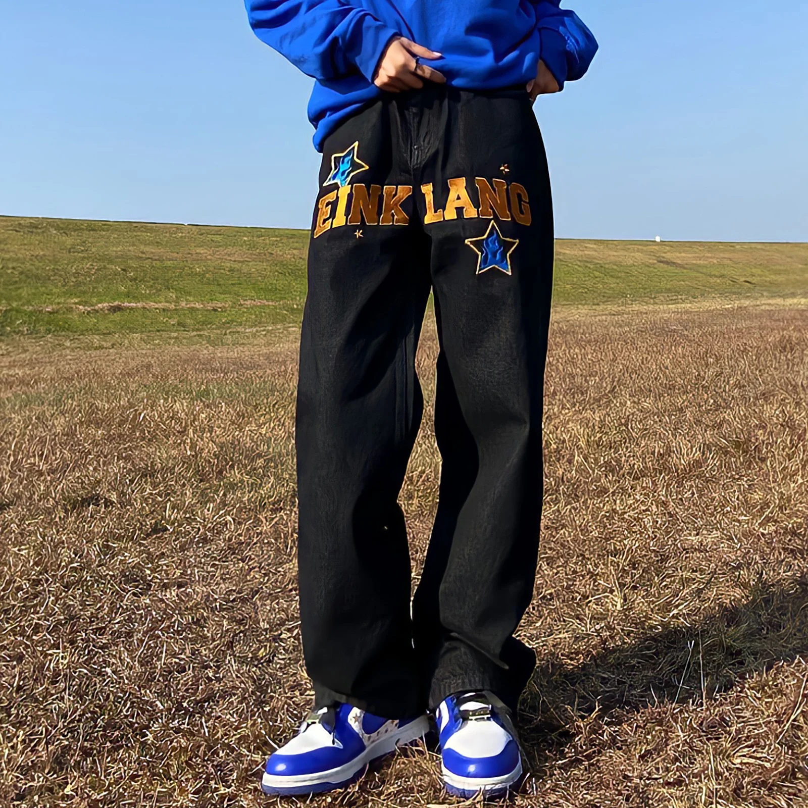 

Embroidery Print Stars Black Jeans Women Harajuku Streetwear High Waist Casual Baggy Pants Wide Leg Trousers